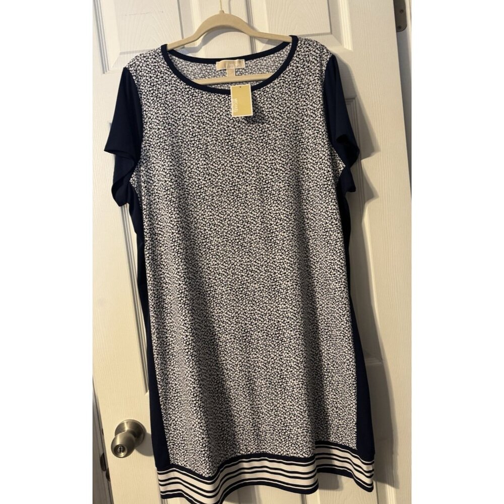 Michael Kors Shift Dress 2X Navy Blue Ivory White Short Sleeve Washable NEW - Picture 12 of 12